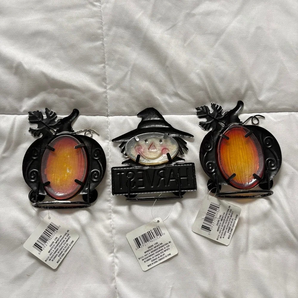 NWT Greenbrier International Fall Metal Pumpkin Scarecrow 3 Sun Catchers Sitters